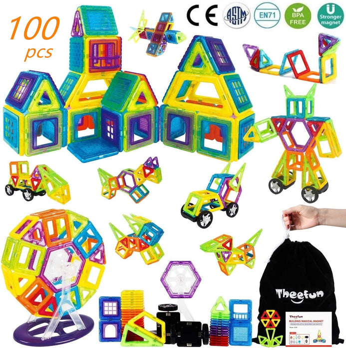 Theefun 100 Sztuk Magnetycznych Klocków Konstrukcyjnych, Zestaw Klocków Magnetycznych dla Dzieci Zabawki Magnetyczne Klocki Konstrukcyjne dla Dzieci Gry dla 3 4 5 6 7-letnich Chłopców i Dziewcząt