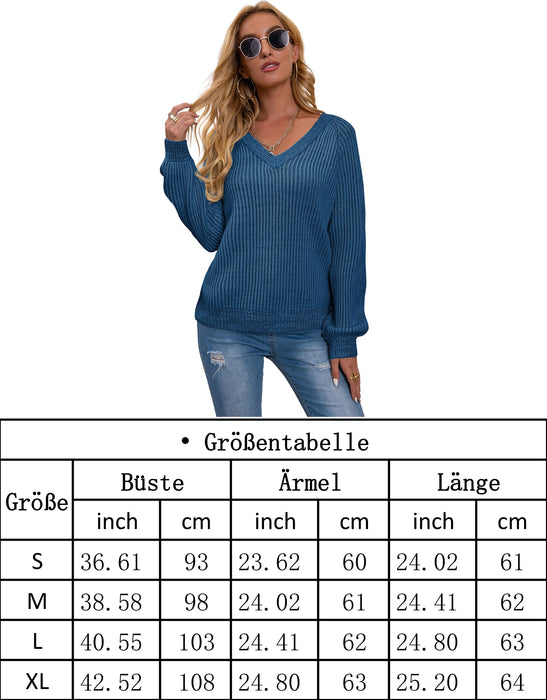 Kapoohott Damski sweter z dzianiny z dekoltem w kształcie litery V, sweter casual, luźny sweter