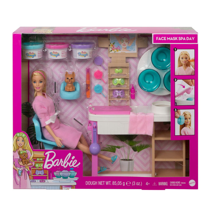 Barbie, Salon Spa Maseczka Na Twarz Zestaw Do Zabawy Z Lalką Blondynką, Szczeniaczkiem, Akcesoriami I Masą Plastyczną GJR84