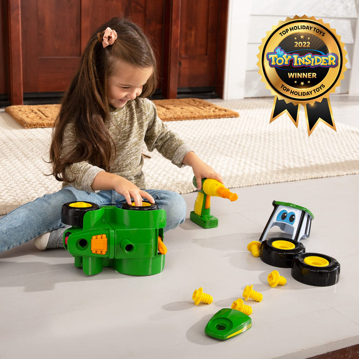 John Deere Build A Johnny Tractor | 16-częściowy budynek farma zabawka samochód | traktor zabawka z wiertarką zmotoryzowaną dla 18 miesięcy, 2, 3 i 4 lat chłopców i dziewcząt