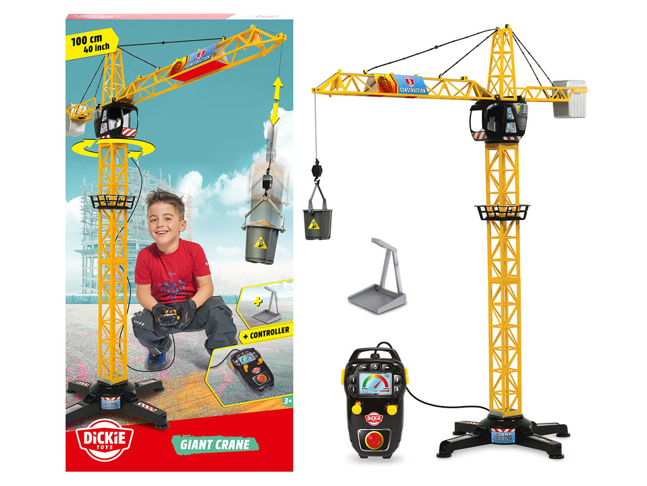 Dickie Toys 203462411 MEGA CRANE Zabawkowy Dźwig zdalnie sterowany z pilotem kablowym, obrotowa kabina i wózek obraca się o 360 stopni, wysokość 120 cm, żuraw dla dzieci od 4 lat