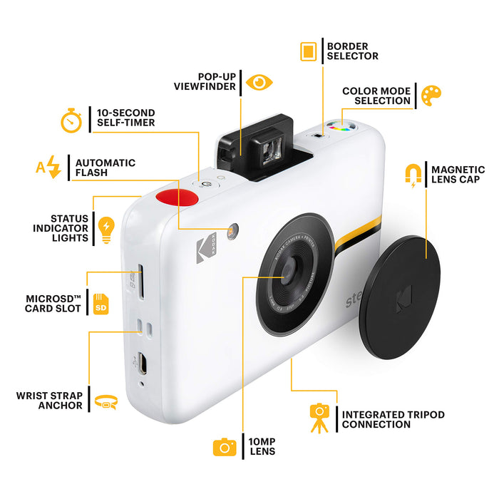 Kodak Step Cyfrowy aparat natychmiastowy z przetwornikiem obrazu 10MP (biały) z technologią ZINK, trybem selfie, wbudowaną lampą błyskową i 6 trybami obrazu.