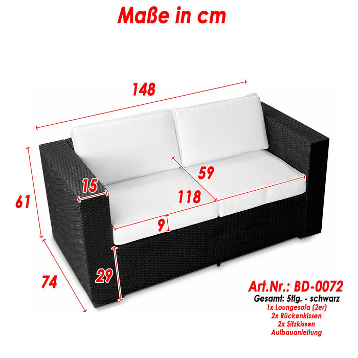 XINRO® 2-częściowa sofa z polirattanu – meble ogrodowe, kanapa z rattanu – możliwość rozbudowy przez inne meble ogrodowe z polirattanu, do użytku wewnątrz i na zewnątrz, pleciona ręcznie – czarna