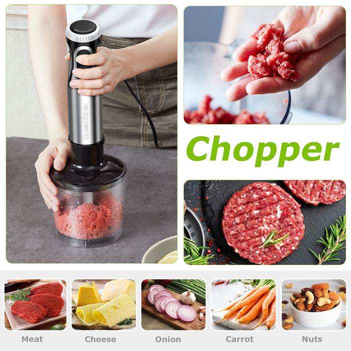 Bonsenkitchen Blender ręczny 4 w 1, elektryczny blender ręczny, 1000 W, bezstopniowa prędkość, ze stali nierdzewnej, trzepaczka, rozdrabniacz 500 ml i kubek z miarką 700 ml do jedzenia dla niemowląt, HB3203 (czarny)