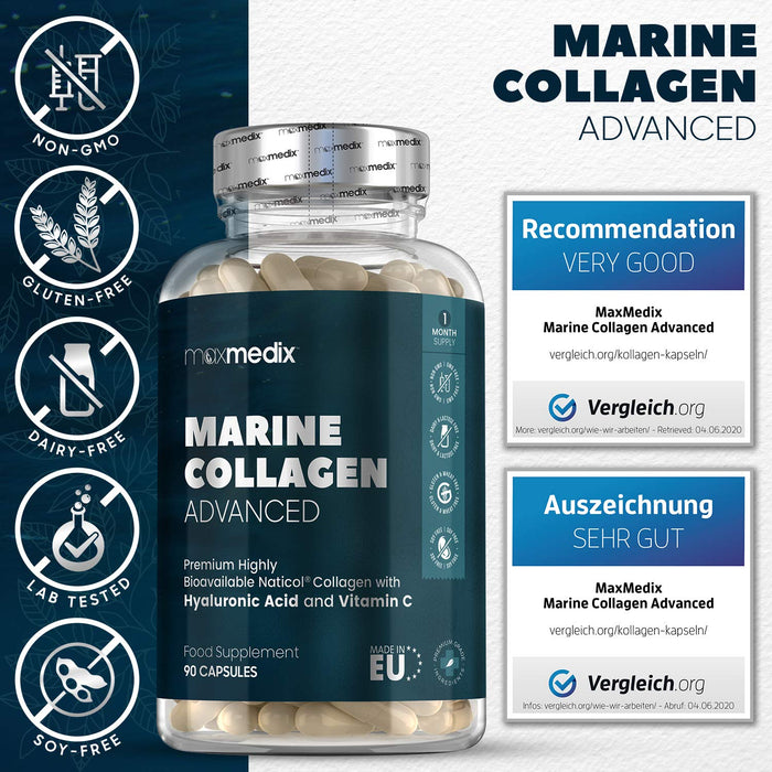 Kolagen morski z kapsu?kami z kwasem hialuronowym i witamin? C - 1540 mg - Suplement kolagenu morskiego typu 1 NatiCOL do w?osów, paznokci i skóry dla kobiet i m??czyzn z CoQ10, cynkiem i aloesem - Kapsu?ki 90