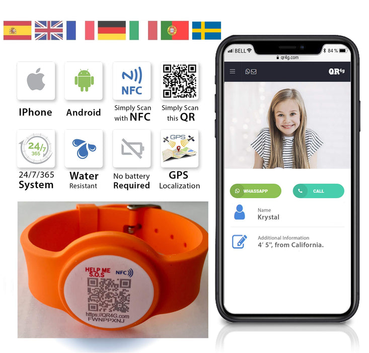 Regulowana bransoletka z technologią NFC QR GPS dla dzieci i dorosłych QR4G.com (pomarańczowa)