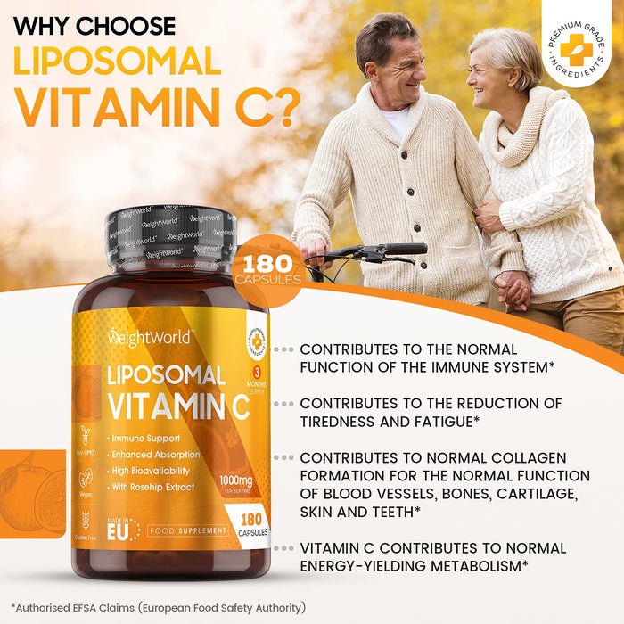 Liposomal Vitamin C Capsules - 1000mg - 180 kapsułek (3 miesięczna dostawa), witamina C przyczynia się do normalnego funkcjonowania układu odpornościowego i zmniejsza zmęczenie i znużenie, wegańskie - Made In EU