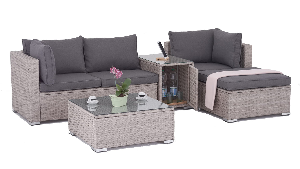Enjoy Fit Zestaw mebli ogrodowych z polirattanu, 3-osobowa sofa, taboret, stół ze schowkiem i blatem szklanym