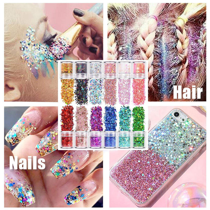 woyufen Brokatowy do twarzy, 12 sztuk, do ciała, oczu, do włosów, na festiwale, w kształcie gwiazd i sześciokątnych
