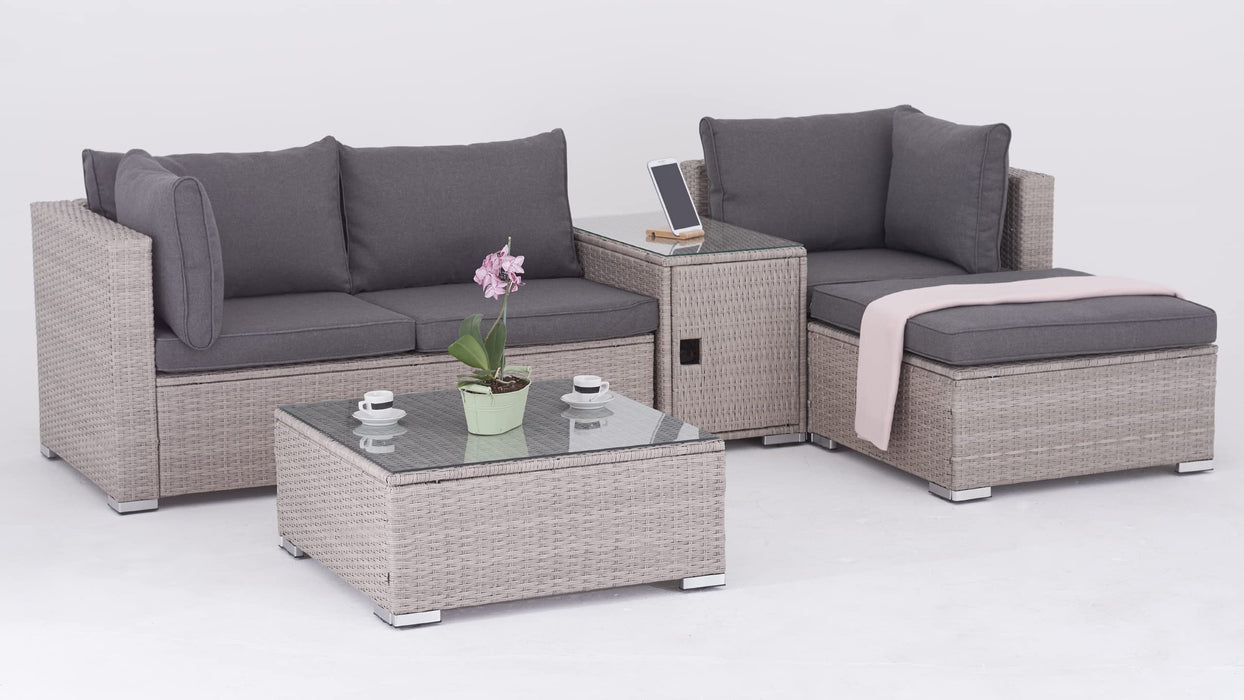 Enjoy Fit Zestaw mebli ogrodowych z polirattanu, 3-osobowa sofa, taboret, stół ze schowkiem i blatem szklanym