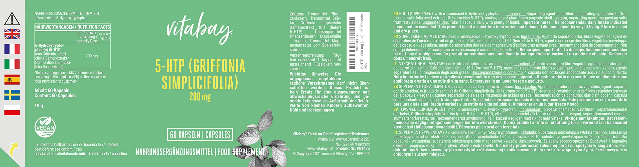 5-HTP 200 mg - 60 kapsułek wegańskich - 5-hydroksy-tryptofan w wysokiej dawce z afrykańskich ziaren czarnej (Griffonia simpcifolia) - made in Germany