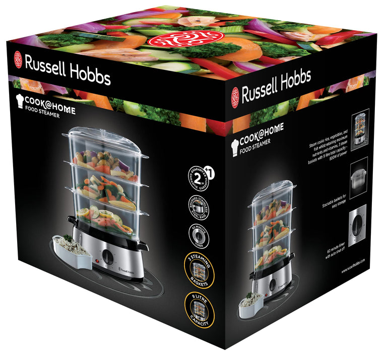 Russell Hobbs parowar, pojemność 9l, timer 0-60 min, 3 pojemniki do gotowania na parze, dzwonek informujący o zakończeniu, stal nierdzewna, moc 800W, srebrny, Cook@Home 19270-56