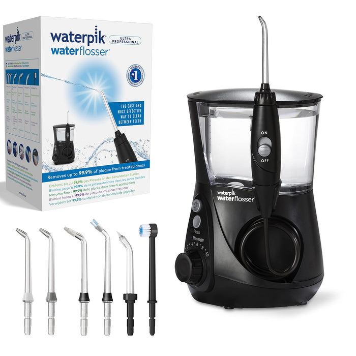 Waterpik Ultra Professional Waterflosser stały irygator do ust z 7 końcówkami, zakres ciśnienia od 0,7 do 7 bar regulowany za pomocą 10 ustawień ciśnienia, zintegrowany timer, czarny (WP-662EU)