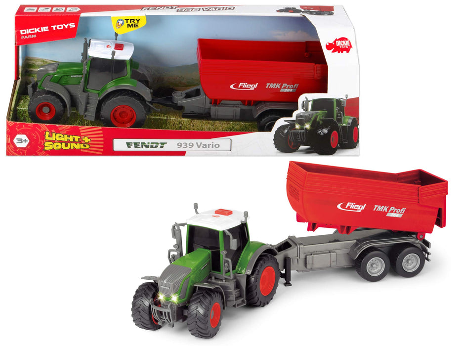 Dickie Toys 203737002 FARM Fendt 939 Vario traktor zabawkowy z przyczepą 41 cm, zabawa w gospodarstwo rolne, podnoszenie i opuszczanie, otwierana tylna klapa, światło i dźwięk, dla dzieci od 3 lat