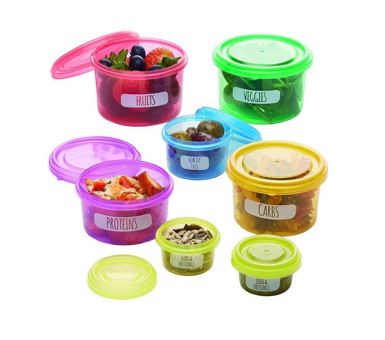KitchenCraft Zestaw Pojemników na Żywność Healthy Eating, Porcjowanie Jedzenia, 7 Sztuk – Wielokolorowe