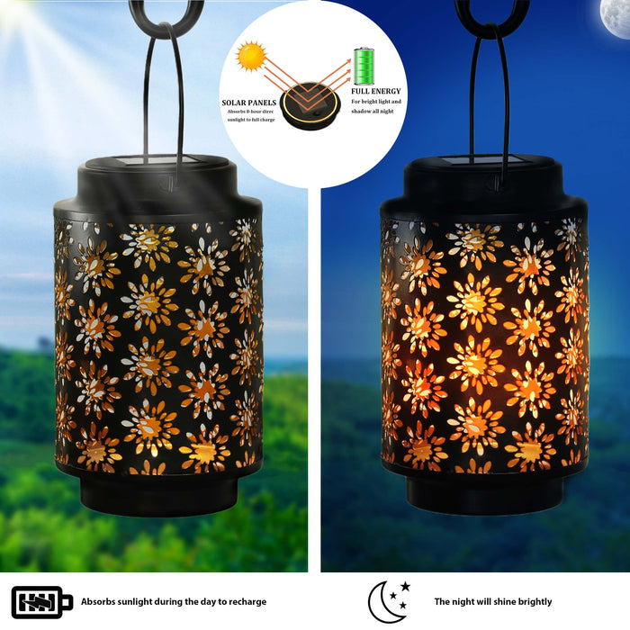 JHY DESIGN 2 sztuki lampy solarne na zewnątrz wodoodporne zasilane energią słoneczną lampa stołowa wisząca solarna latarnia z uchwytem do patio ogrodu ścieżki (wzór kwiatowy)