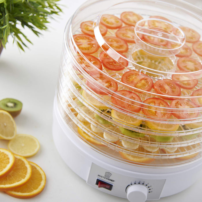 MisterChef® odwadniacz do żywności, 250 W duże 5 tacek - idealne do zdrowych i naturalnych przekąsek, suszonych owoców - długi przewód zasilający 1 m darmowy kolorowy książka z przepisami + bezpłatna 2-letnia gwarancja ładne kolorowe pudełko upominkowe
