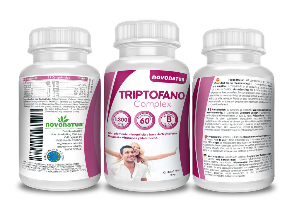 Tryptofan z magnezem i witaminą B6 plus melatonina, spirulina, witamina B3 i B5, 60 tabletek po 1300 mg. Naturalny antystres, naturalny przeciwlękowy, naturalny booster serotoniny