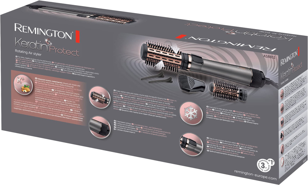Remington suszarko-lokówka obrotowa, keratynowa z olejkiem z migdałów, 2 szczotki, 2 klipsy do włosów i końcówka do unoszenia włosów, zimny nawiew, moc 1000W, Keratin Protect AS8811