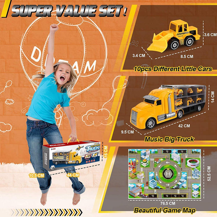 lenbest 11 w 1 pojazd budowlany samochody zabawki ciężarówki, mini model pojazdów zestaw z muzyką, światło i 76 * 52 cm mapa zabawy miasta, przewoźnik ciężarówka samochód zabawki edukacyjne prezent dla dzieci od 3 lat