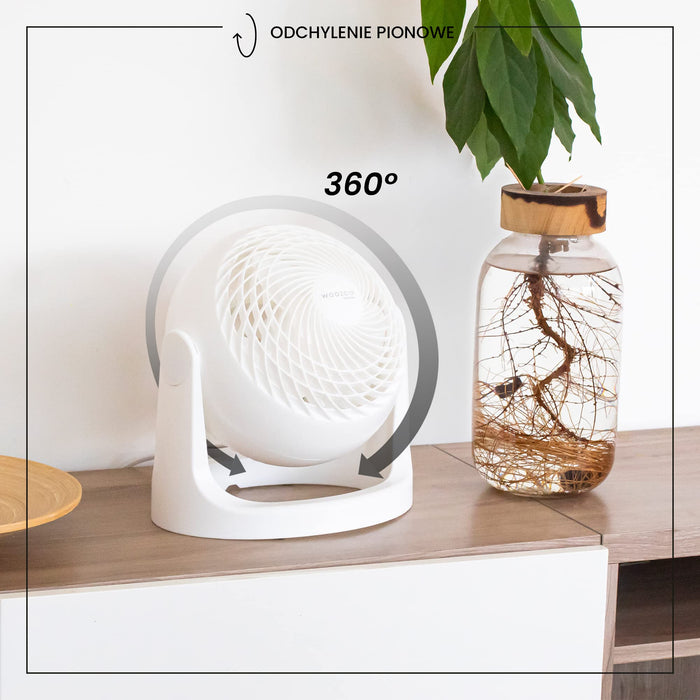Woozoo by Ohyama, Wydajny, cichy wentylator biurkowy / wentylator stołowy, 31 W, opatentowane śmigła 3D, obrót o 360°, 3 prędkości, Do powierzchni 23m² - Woozoo PCF-HE18 - Biały