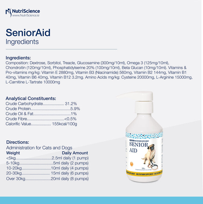 SeniorAid Suplement w płynie 250 ml dla starszych psów i kotów, suplement multiwitaminowy