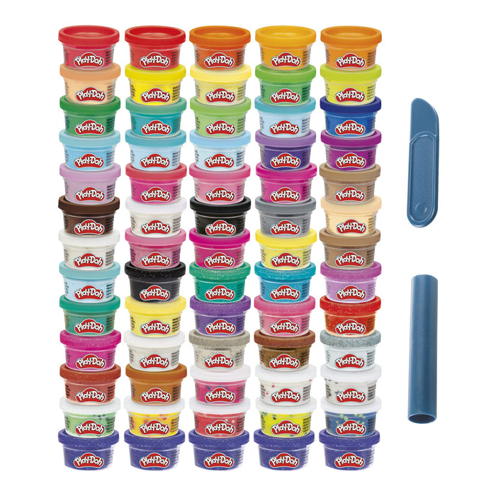 Kolorowa superkolekcja ciastoliny Play-Doh, zestaw 65 małych tub po 28 g nietoksycznej masy plastycznej, zawiera różne rodzaje ciastoliny: szafirową, błyszczącą, konfetti