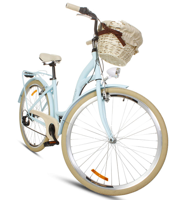 Goetze Mood Alu Damski Rower Miejski, Lekka Damka, 7 Biegów Shimano, Koła 28 Cali, Oświetlenie LED, Kosz Wiklinowy z kolorowym wkładem Gratis!