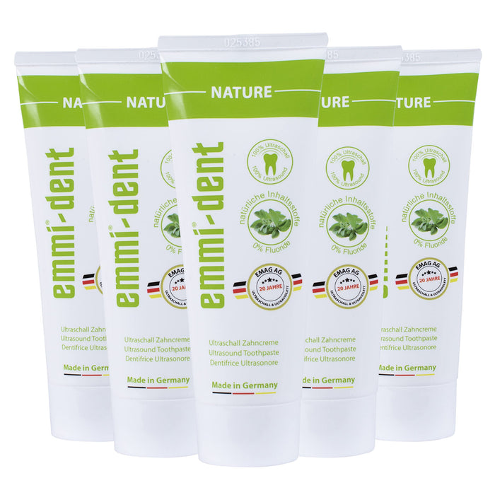 emmi®-dent ultradźwiękowy krem do zębów "Nature" I idealny do wrażliwych zębów i dziąseł, nie zawiera fluorku, mikroplastiku i nanomateriał, wegański i bezglutenowy, 5 x 75 ml