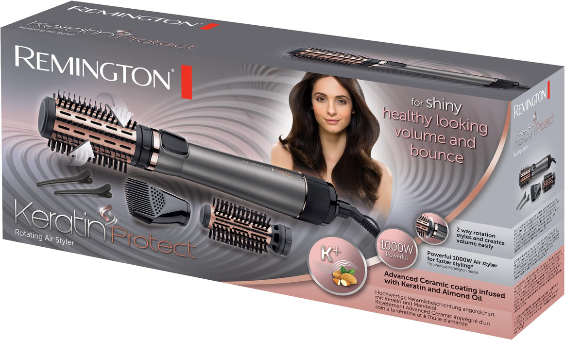 Remington suszarko-lokówka obrotowa, keratynowa z olejkiem z migdałów, 2 szczotki, 2 klipsy do włosów i końcówka do unoszenia włosów, zimny nawiew, moc 1000W, Keratin Protect AS8811