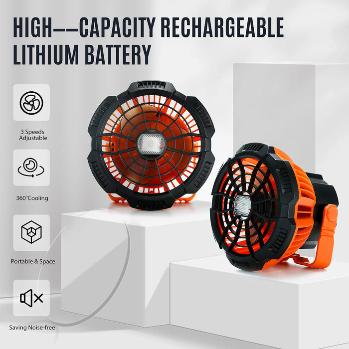 HERLLY Wentylator kempingowy z latarnią LED, przenośny wentylator biurkowy z haczykiem do zawieszenia, 5200 mAh, ładowany powerbank do użytku na zewnątrz, 3 prędkości, pilot zdalnego sterowania, wentylator biurkowy do biura, samochodu, awaryjny