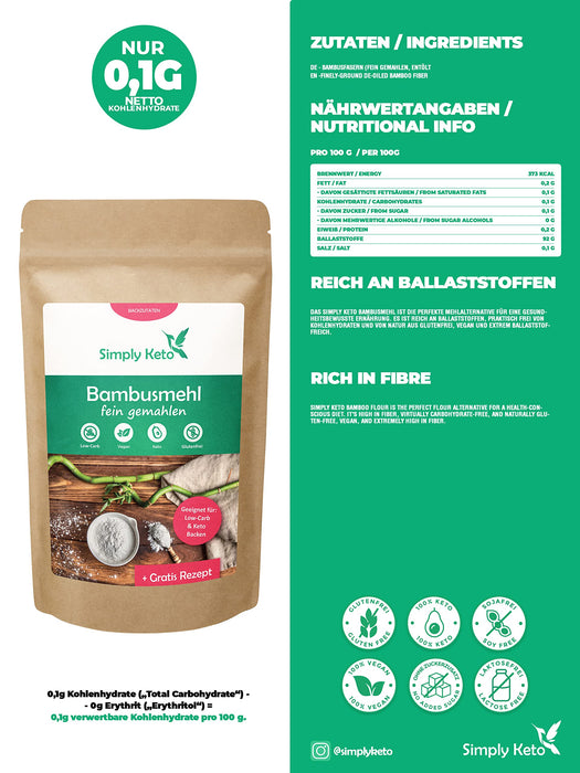 Simply Keto Mąka Bambusowa z Włókna Bambusowego Low Carb - 300g drobno zmielona - Low Carb Mąka Alternatywa dla Wypieków - Idealna do Diety Low Carb i Ketogenicznej - Bezglutenowa i Wegańska