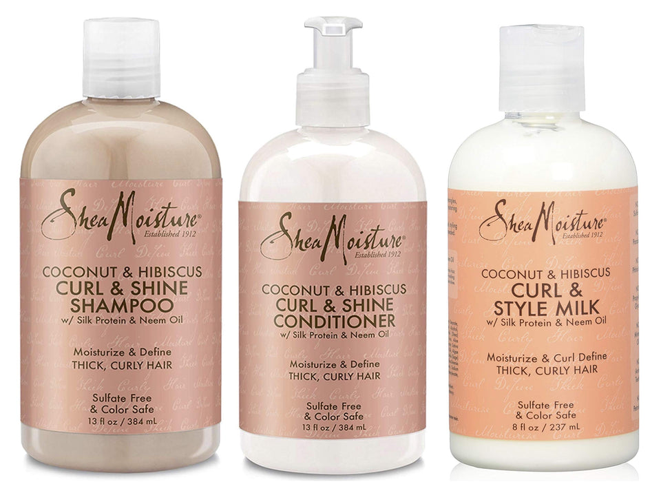 Shea Moisture - 3-częściowy zestaw do kręconych włosów z kokosem i hibiskusem - szampon "Curl & Shine" + odżywka "Curl & Shine" + mleko do stylizacji "Curl & Shine"