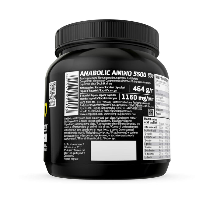 OLIMP - Anabolic Amino 5500 Mega Caps (400 kapsułek). Wysokiej jakości suplement diety o dużej ilości najważniejszych aminokwasów i białek