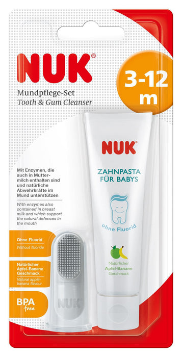 NUK Zestaw do pielęgnacji ust z pastą do zębów dla niemowląt i naturalnym smakiem banana, w tym szczoteczka do zębów, bez BPA, bez fluoru, 1 sztuka