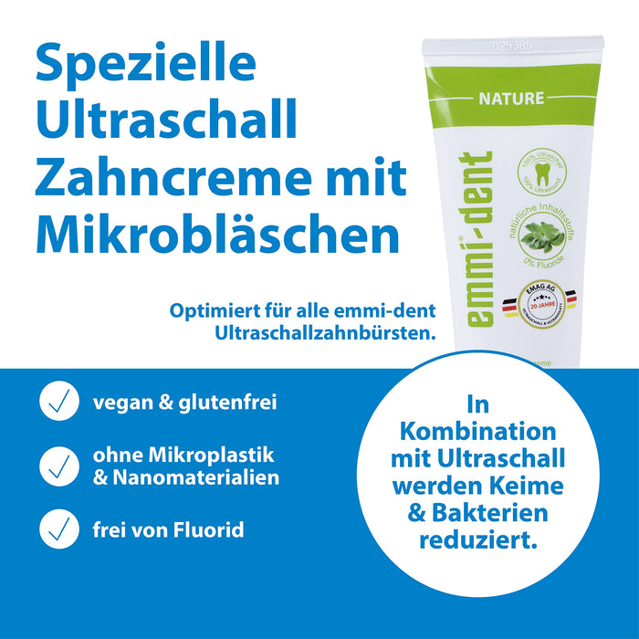 emmi®-dent ultradźwiękowy krem do zębów "Nature" I idealny do wrażliwych zębów i dziąseł, nie zawiera fluorku, mikroplastiku i nanomateriał, wegański i bezglutenowy, 5 x 75 ml