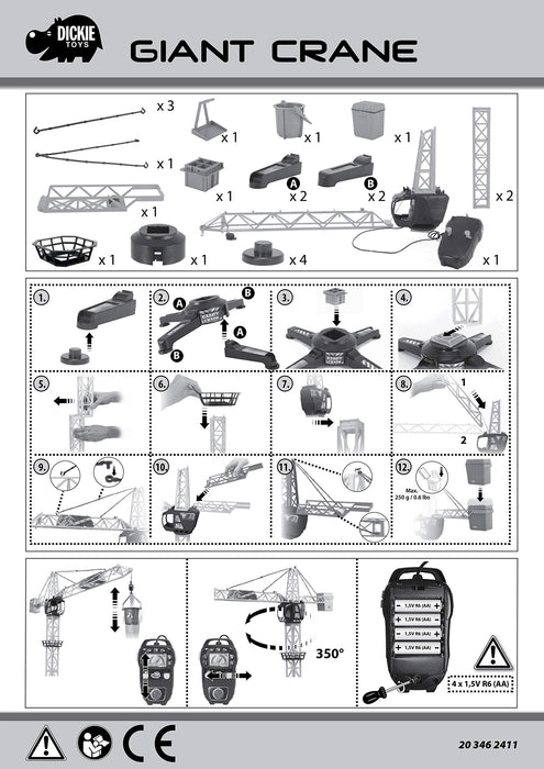 Dickie Toys 203462411 MEGA CRANE Zabawkowy Dźwig zdalnie sterowany z pilotem kablowym, obrotowa kabina i wózek obraca się o 360 stopni, wysokość 120 cm, żuraw dla dzieci od 4 lat