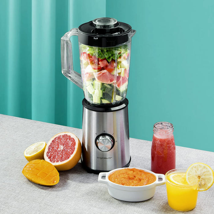 Aigostar Baron - Blender smoothie 2 w 1, ze stali nierdzewnej, bez BPA, 350 W. 1 l słoik i butelka 600 ml z Tritanu. Smoothie Mixer owoców, koktajle mleczne, 2 stopnie prędkości i funkcja P