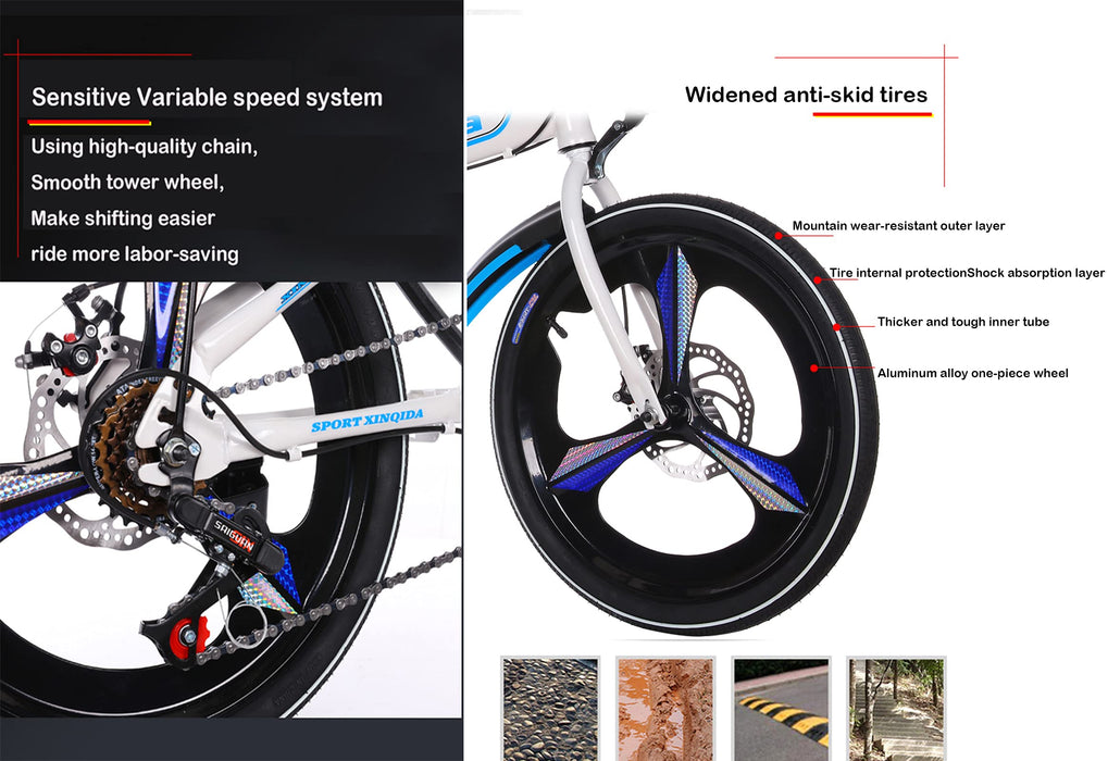 Składany rower 20", dla dorosłych, młodzieży, system szybkiego składania, 6 hamulców, zmienna prędkość, rower miejski z tylnym światłem i koszem samochodowym (czerwony)