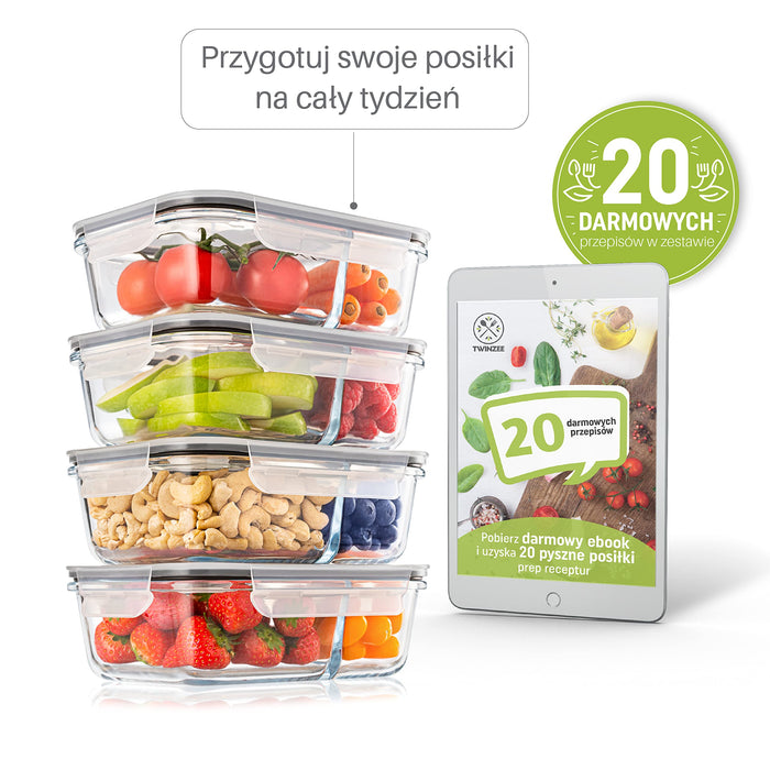 Twinzee Pojemniki na żywność ze szkła, zestaw 4 sztuk, 1040 ml, szczelne, na lunch, 2 hermetyczne przegródki, nie zawierają BPA, szklane pudełka na żywność