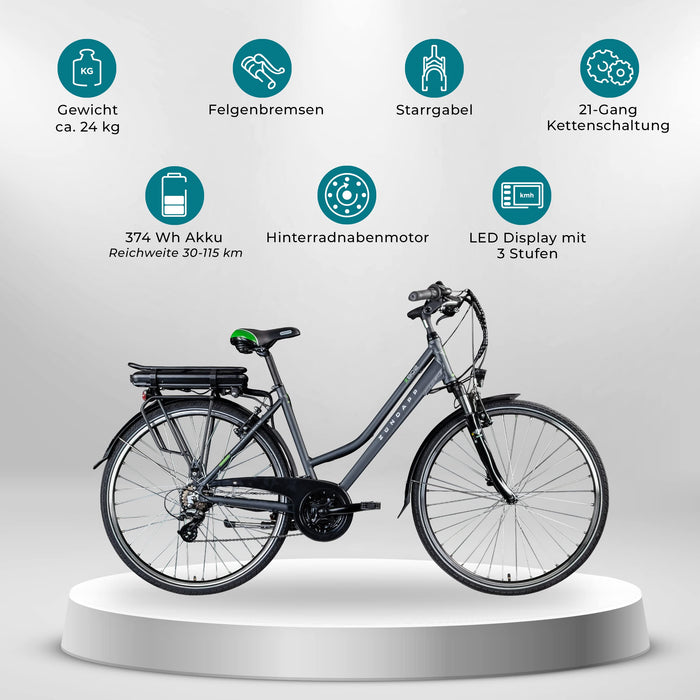 ZÜNDAPP Z802 E Bike damski rower trekkingowy, 155 – 185 cm, 21 biegów, do 115 km, rower elektryczny 28 cali z oświetleniem i wyświetlaczem LED, rower trekkingowy Ebike