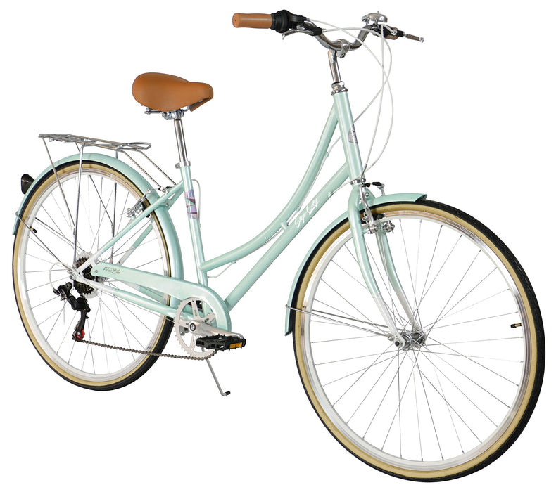 FabricBike Step City - damski rower miejski, rower miejski Vintage Retro, rower miejski w stylu holenderskim z przerzutką Shimano i koszykiem. Wygodne siodełko.