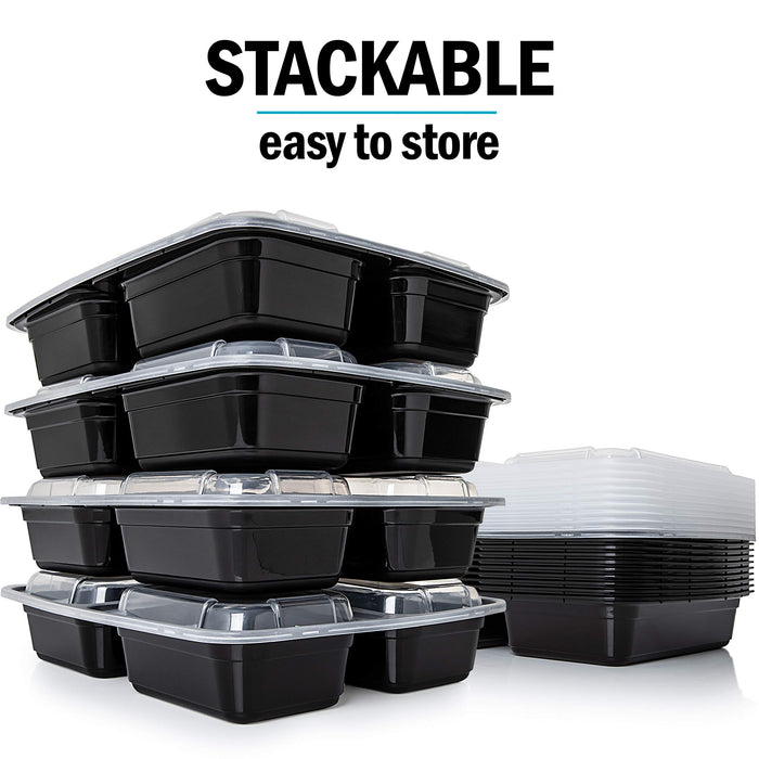 [Pakiet 10 sztuk] Wielorazowe pojemniki Meal Prep z 3 komorami wykonane z plastiku bez BPA – Bezpieczne do używania w mikrofalówce, zamrażarce i zmywarce – Pudełka które można ułożyć w stos (946 ml)