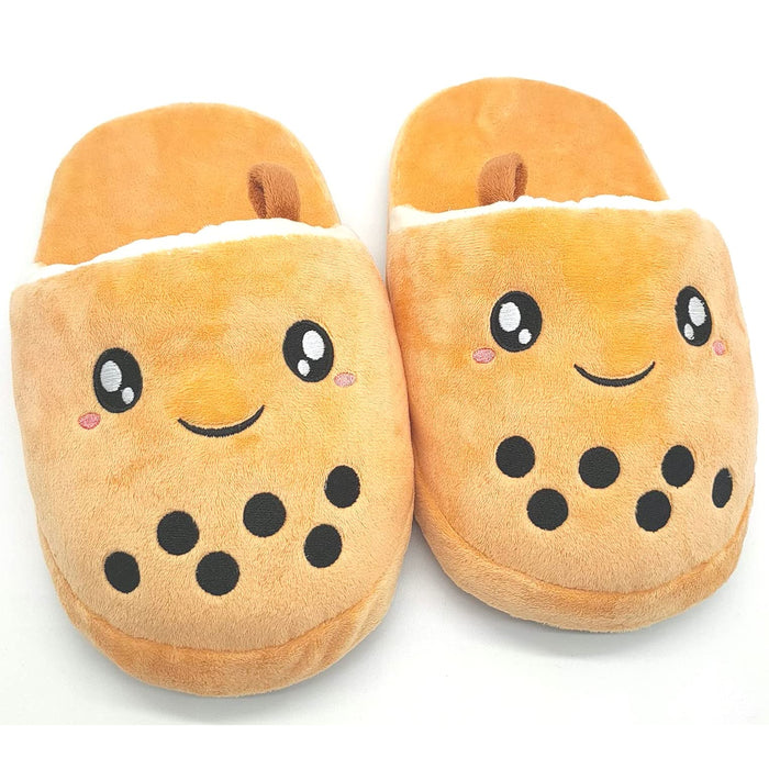 Glopastel Boba kapcie | urocze anime kawaii bubble tea puszyste wsuwane buty domowe | jeden rozmiar dla dorosłych, kobiet, mężczyzn (beżowe)