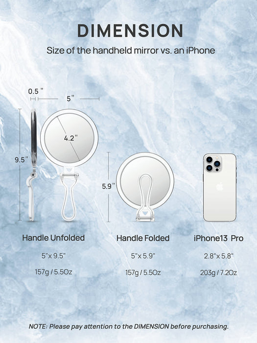 OMIRO Lusterko ręczne, dwustronne, 1X/20x, powiększające, składane lusterko do makijażu, do użytku ręcznego, stołu i w podróży