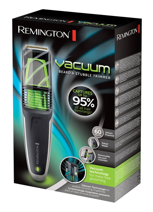 Remington trymer do brody, przechwytuje do 95% obciętych włosów, ostrza z powłoką tytanową, regulowany grzebień 2-18mm, łatwy w czyszczeniu, bezprzewodowy, nakładka 20-32mm, etui, Vacuum MB6850