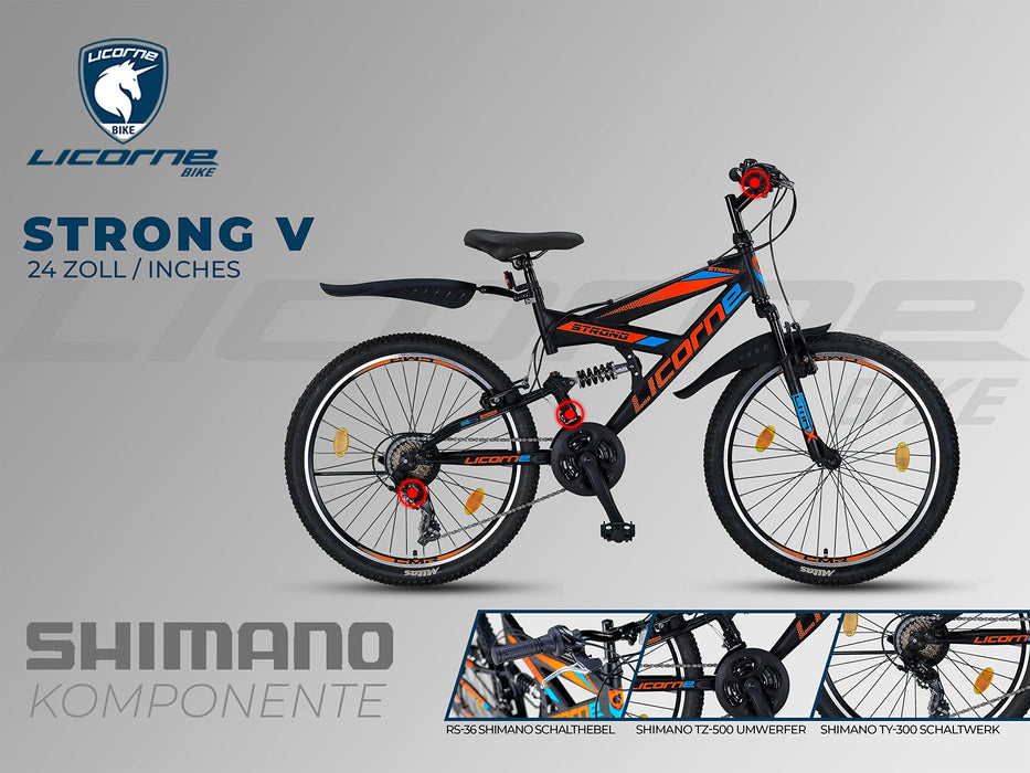 Licorne Bike Rower górski Premium Strong V 24 i 26 cali – rower dla chłopców, dziewcząt, kobiet i mężczyzn – 21-biegowa przerzutka – pełne zawieszenie