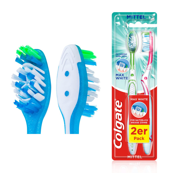 Colgate Szczoteczka do zębów Max White, średnia, 2 sztuki – ręczna szczoteczka do zębów do naturalnie białych zębów, ze średnio twardym włosiem