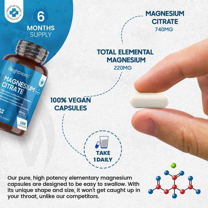 Cytrynian Magnezu Suplement - 740mg - 180 wegańskie kapsułki nie tabletki (6 miesięcy dostaw) - 220mg elementarny cytrynian magnezu, energia, zdrowie mięśni, zdrowie mózgu, metabolizm