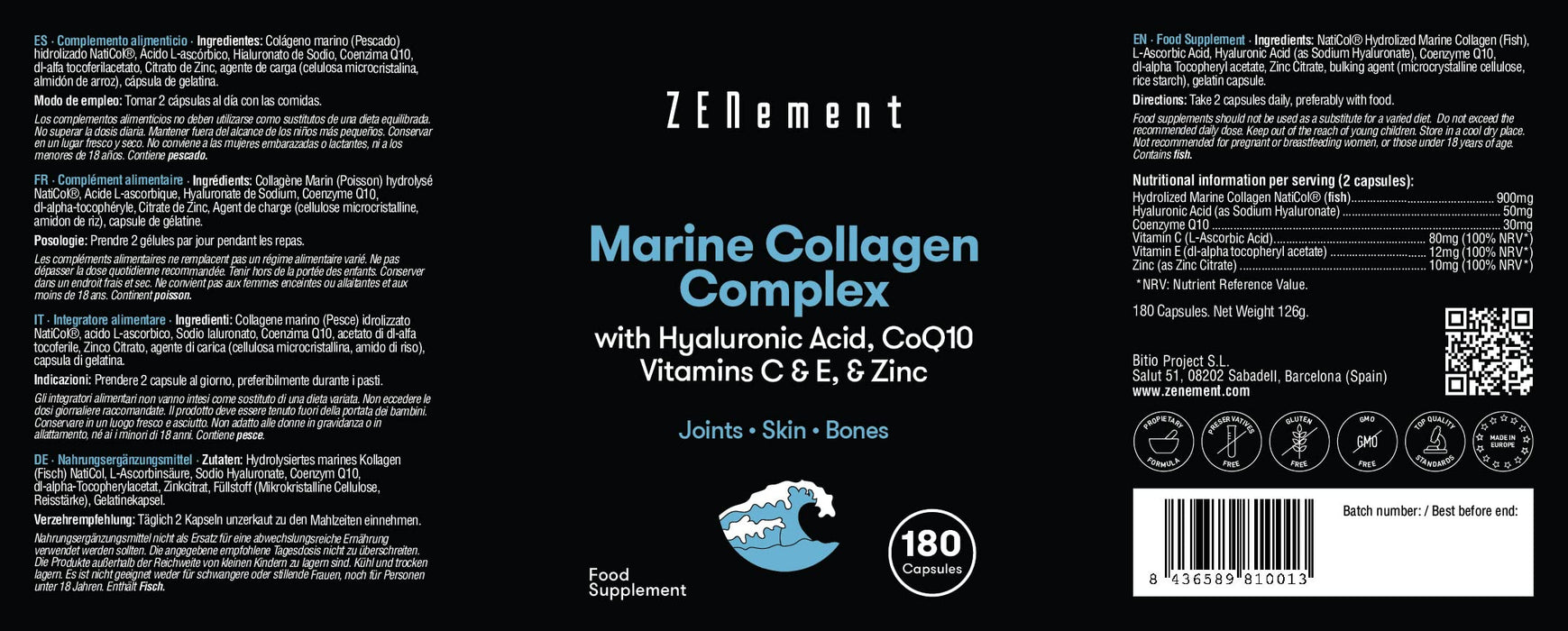 Kompleks kolagenu morskiego, z kwasem hialuronowym, CoQ10, witaminami C i E oraz cynkiem, 180 kapsułek | Peptydy na stawy, skórę i kości | od Zenement